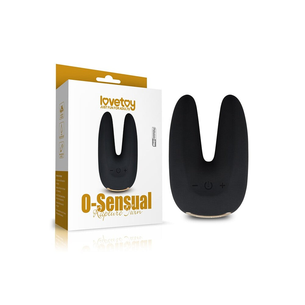 A black twin vibrator with two flexible ears, shown next to its packaging which reads 'Lovetoy O Sensual'.