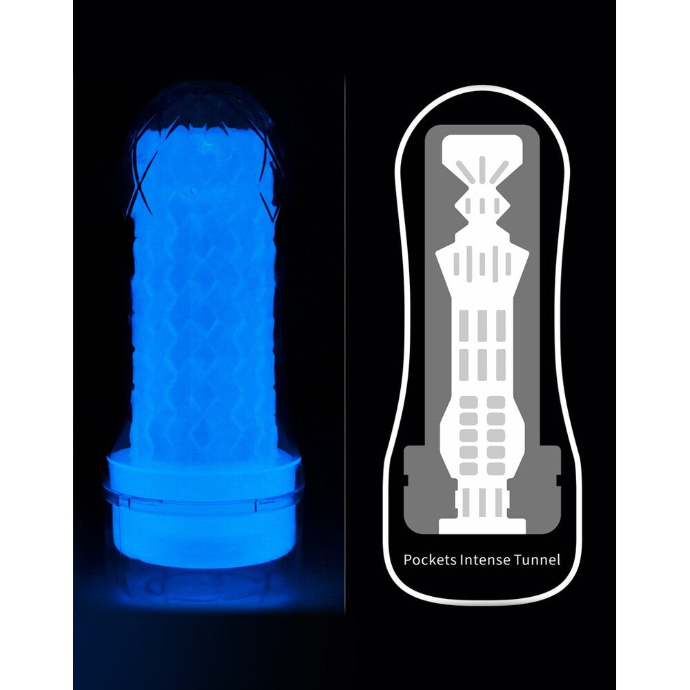 Blue toy with a detailed diagram on a black background
