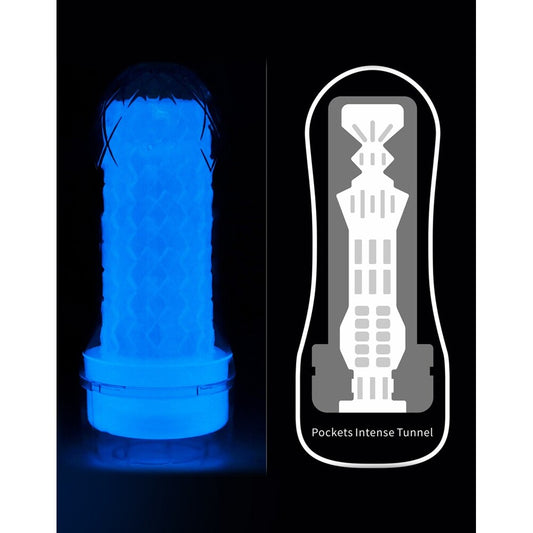 Blue toy with a detailed diagram on a black background