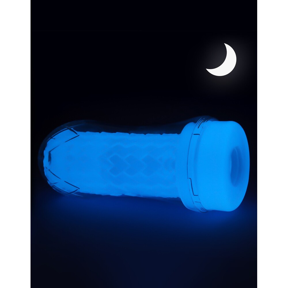 Blue flashlight glowing in the dark with a moon symbol above it