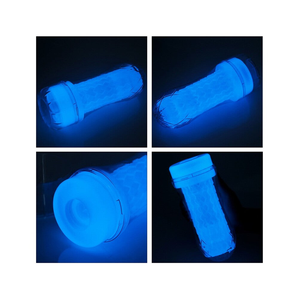 Glowing blue cylindrical object under black light