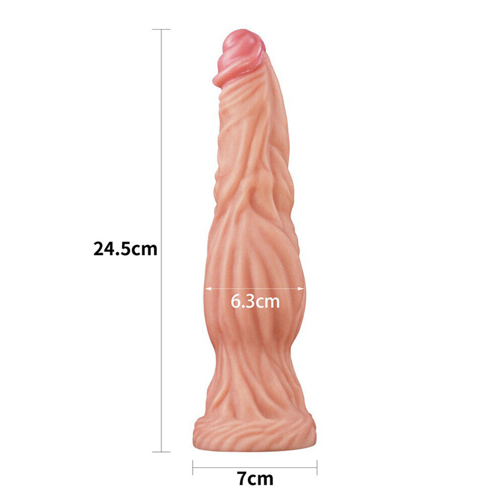 Measurement chart of a pink silicone product with dimensions labeled on a white background