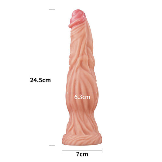 Measurement chart of a pink silicone product with dimensions labeled on a white background