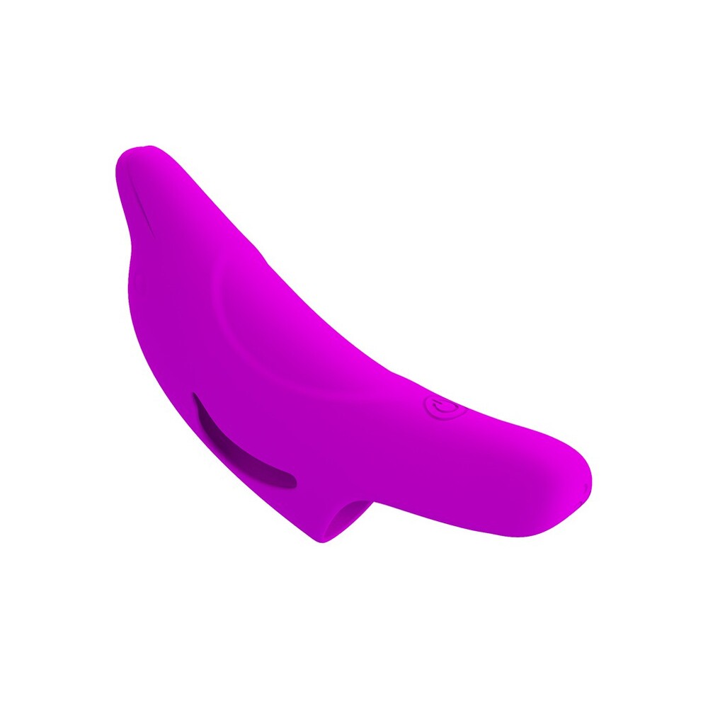 A purple finger vibrator with a curved design, shown next to its packaging which is also displayed. The packaging highlights the product's features including its powerful motor, 10 vibration modes, and discreet design.