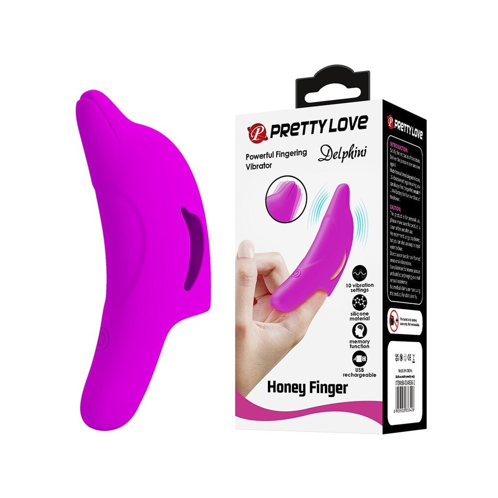 A purple finger vibrator with a curved design, shown next to its packaging which is also displayed. The packaging highlights the product's features including its powerful motor, 10 vibration modes, and discreet design.