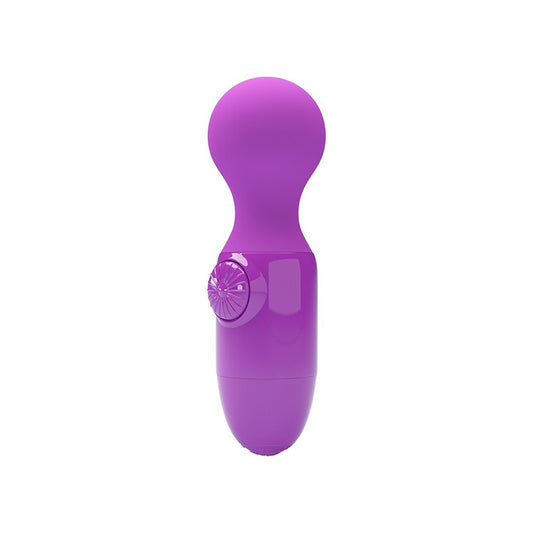 A purple, compact mini stick vibrator made of silicone with a round head and a small dial on the handle for controlling vibration speed.