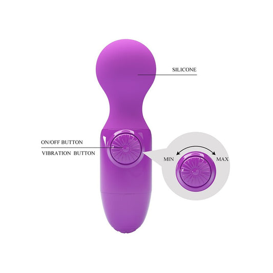 A purple, compact mini stick vibrator made of silicone with a round head and a small dial on the handle for controlling vibration speed.