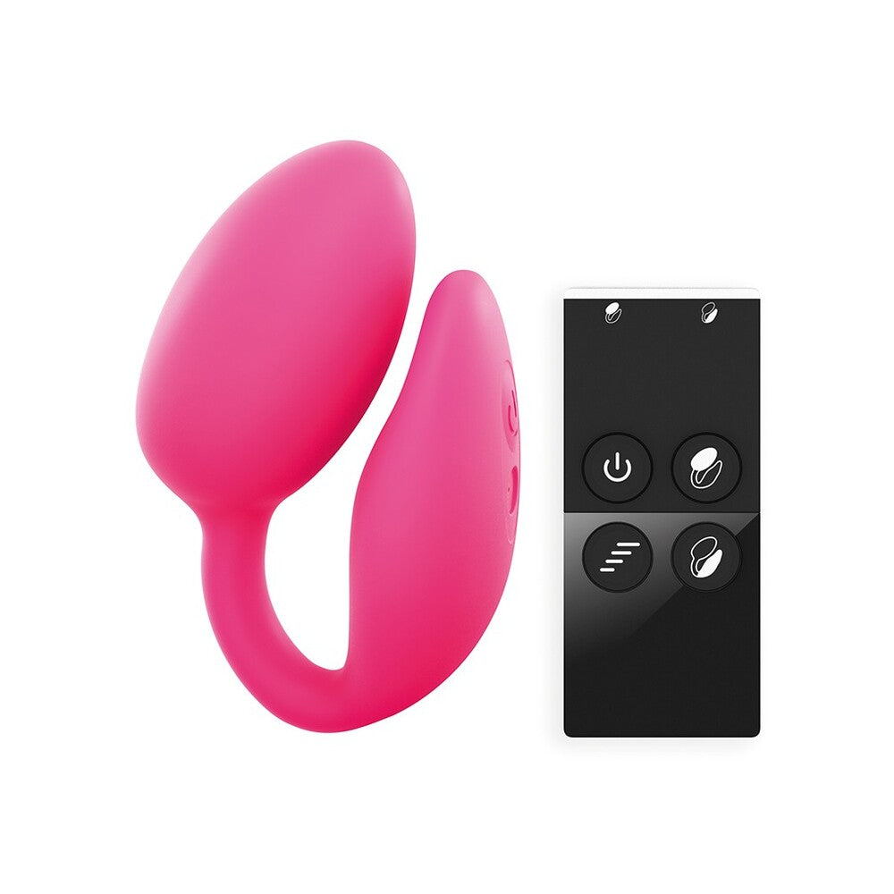 A pink remote-controlled double stimulator with a clitoral stimulator and a G-spot stimulator, alongside a black remote control with buttons for power and vibration modes.