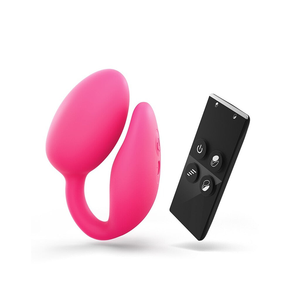 A pink remote-controlled double stimulator with a clitoral stimulator and a G-spot stimulator, alongside a black remote control with buttons for power and vibration modes.