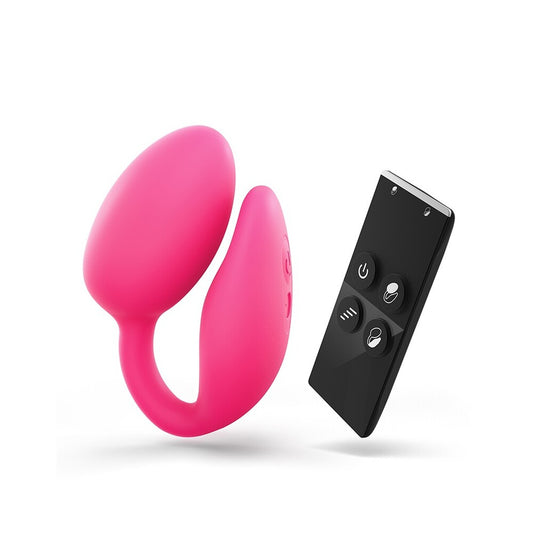 A pink remote-controlled double stimulator with a clitoral stimulator and a G-spot stimulator, alongside a black remote control with buttons for power and vibration modes.