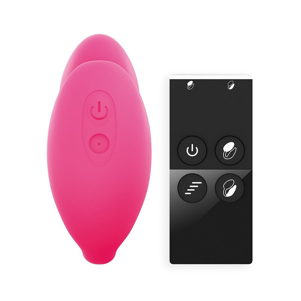 A pink remote-controlled double stimulator with a clitoral stimulator and a G-spot stimulator, alongside a black remote control with buttons for power and vibration modes.