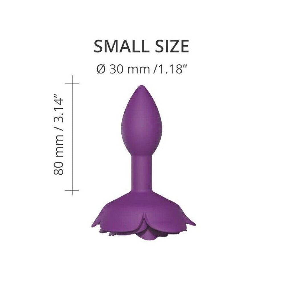Purple flower-shaped object with measurements on a white background