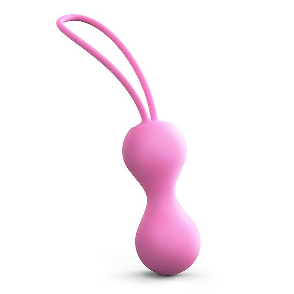 A pink silicone kegel ball with a silicone string, designed to strengthen pelvic floor muscles.