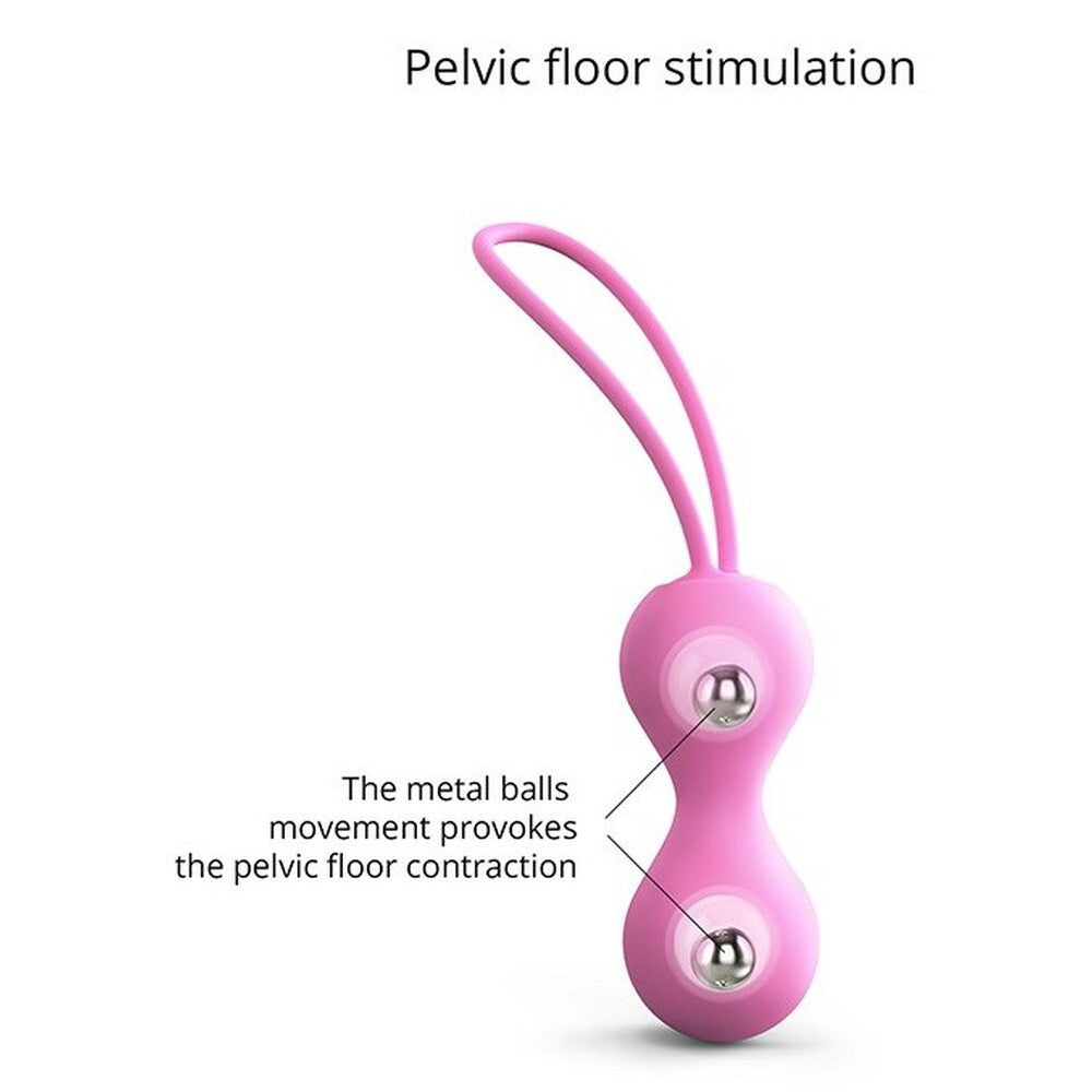 A pink silicone kegel ball with a silicone string, designed to strengthen pelvic floor muscles.