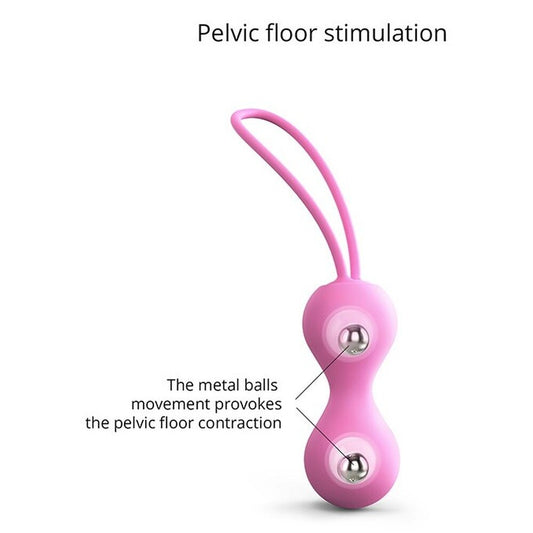 A pink silicone kegel ball with a silicone string, designed to strengthen pelvic floor muscles.