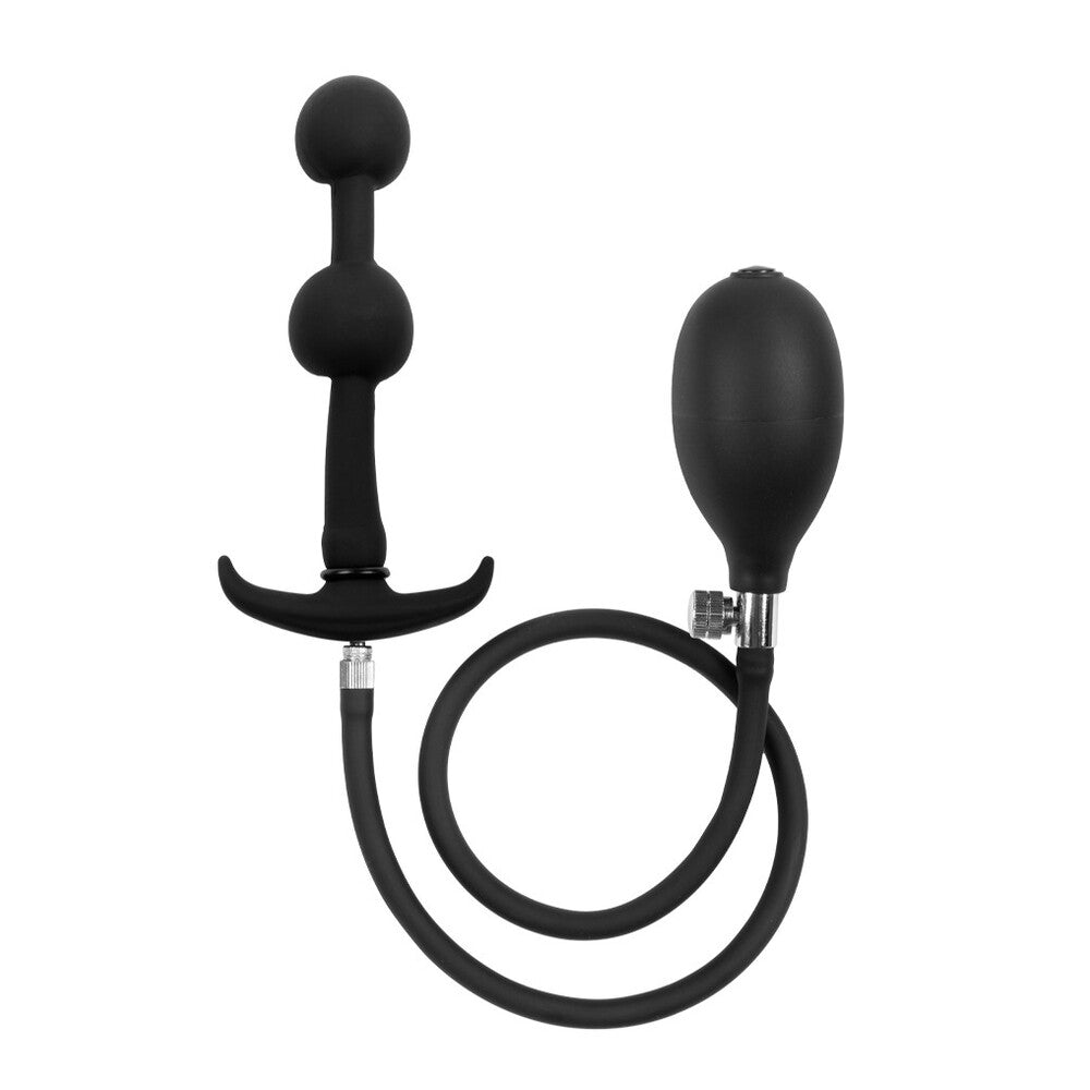 Black silicone butt plug with hose on a white background