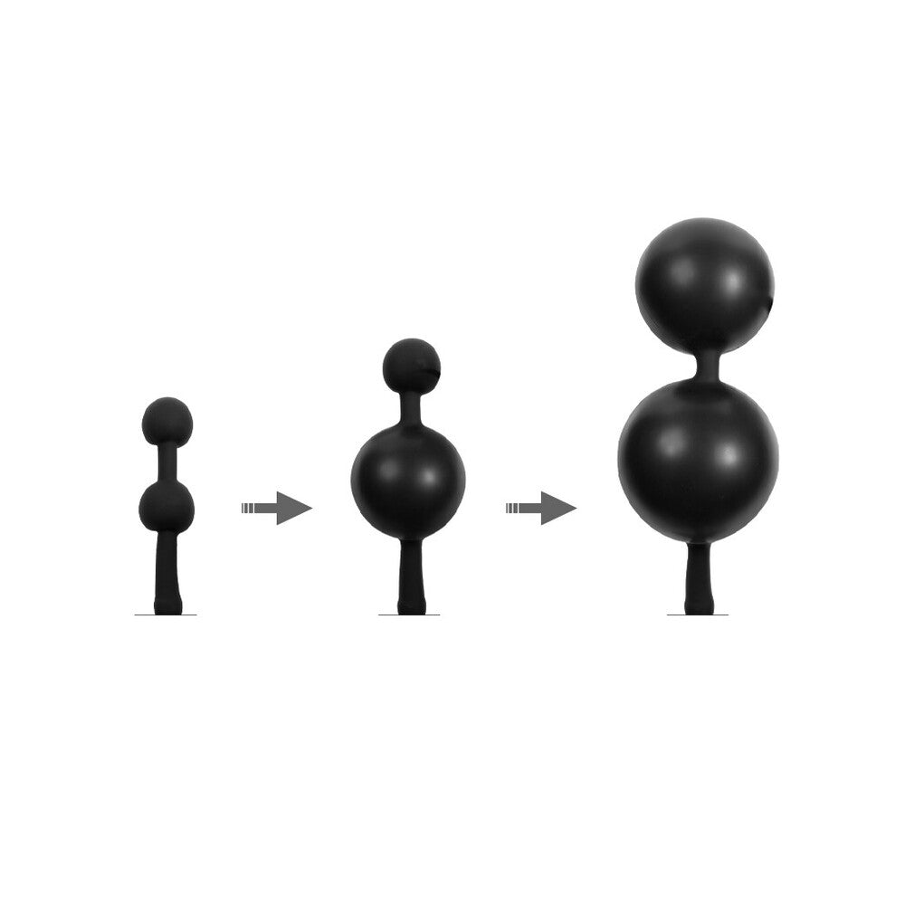 Black spherical objects with varying sizes on a white background