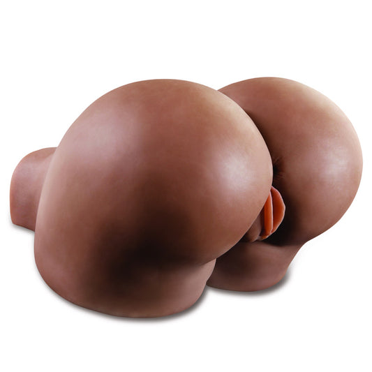 A realistic black mega masturbator featuring large buttocks and an anal opening.