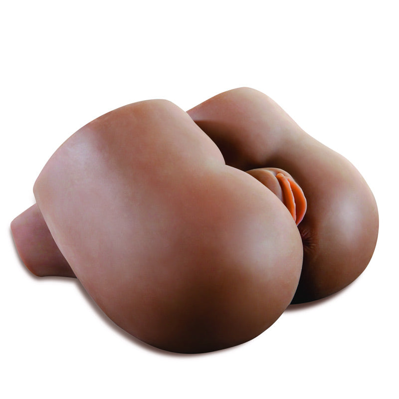 A realistic black mega masturbator featuring large buttocks and an anal opening.