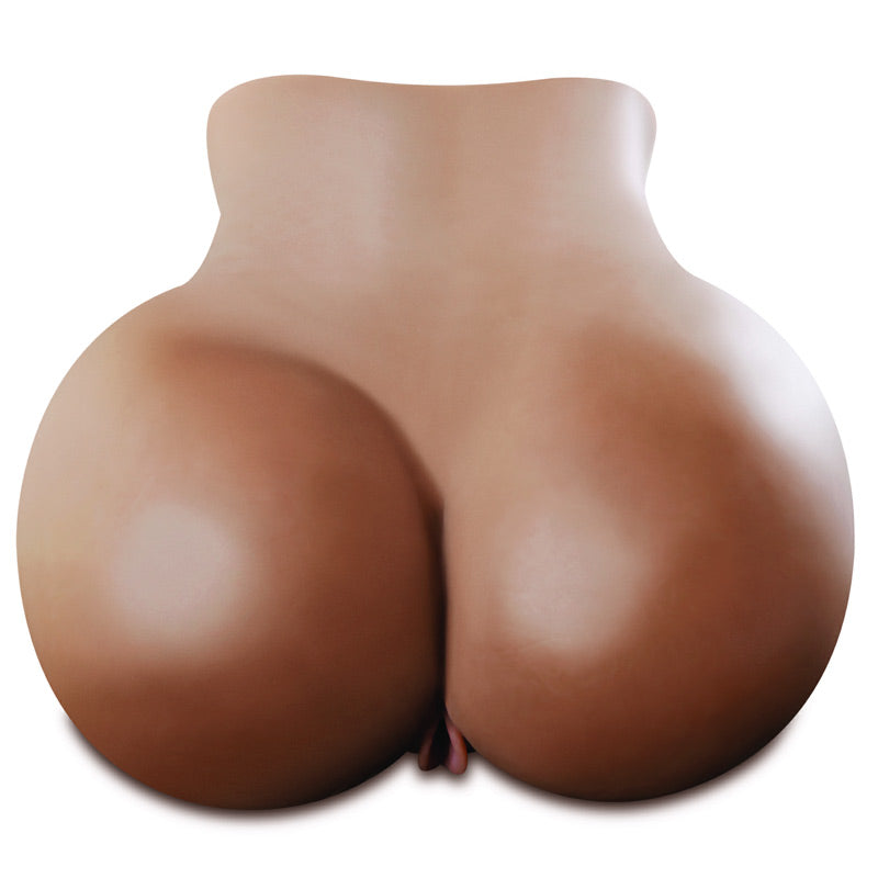 A realistic black mega masturbator featuring large buttocks and an anal opening.