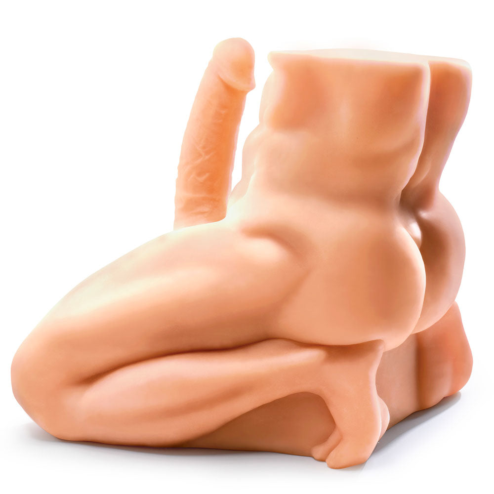 Realistic male torso masturbator with big cock and muscular abs made from lifelike Fanta Flesh material.