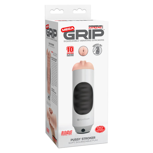 Package of a Mega Grip Pussy Stroker with branding and product details on a white background
