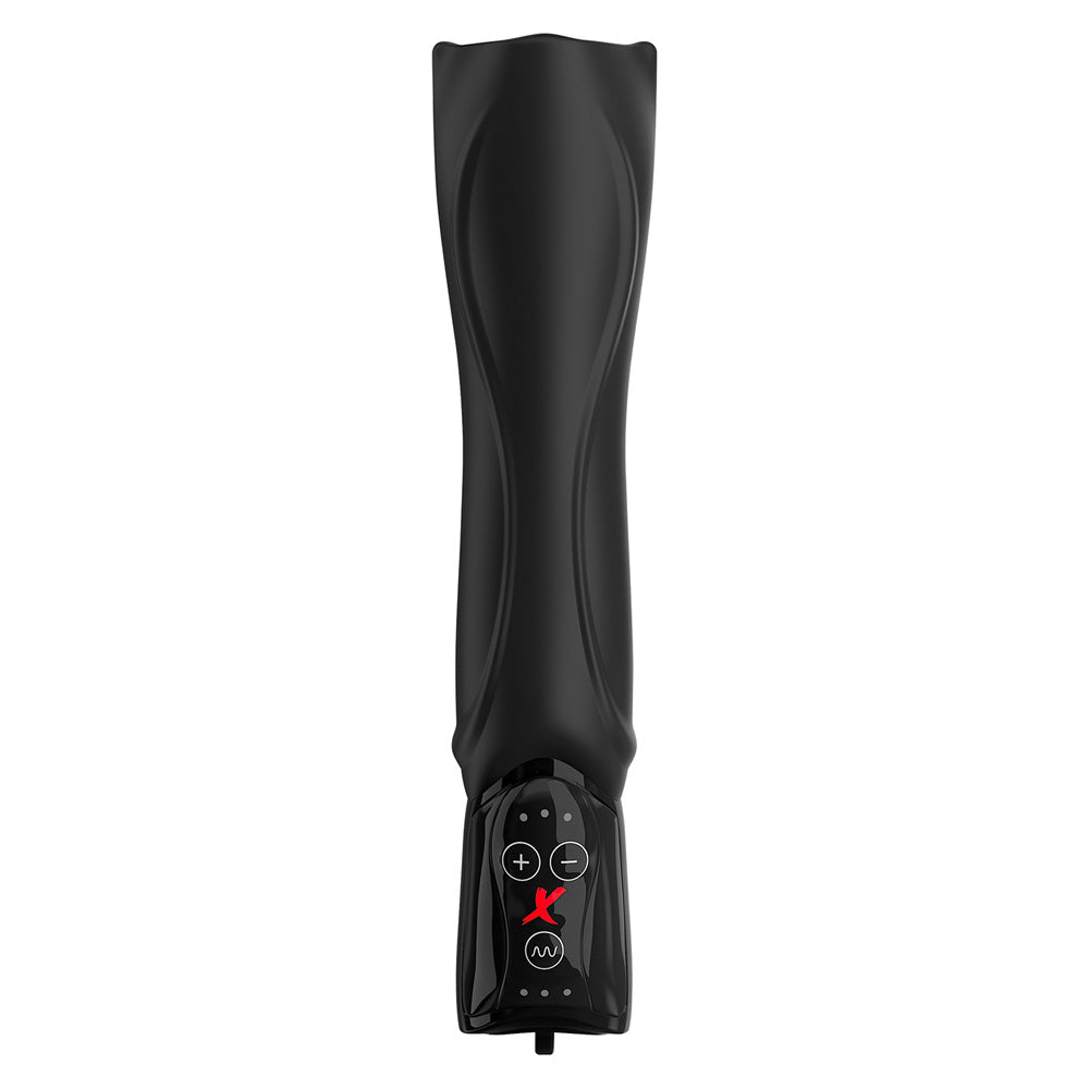 A black, cylindrical masturbator with a sleek design. The device has a control panel with buttons and a red power indicator.