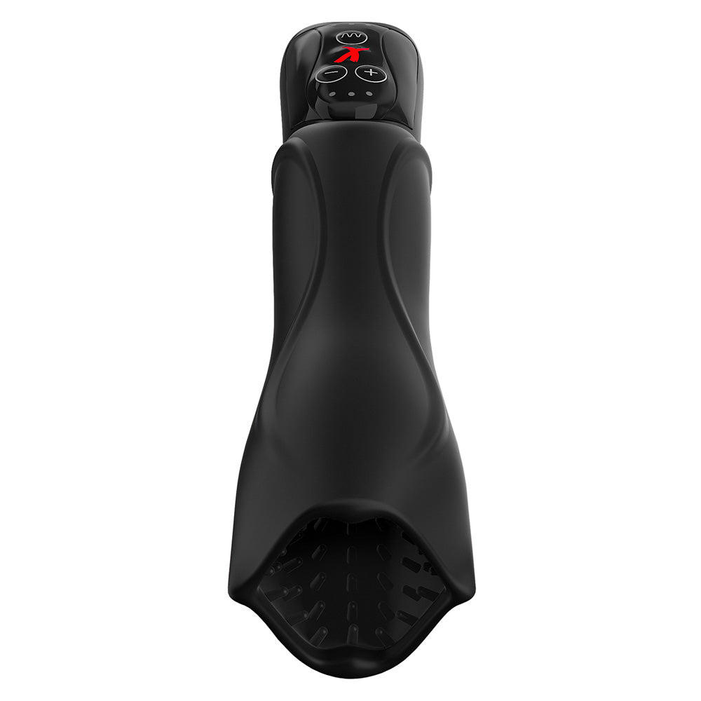 Black handheld massage gun on a white background
