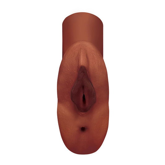 A flesh-colored realistic adult toy shaped like a female vagina, with detailed textures inside the opening.