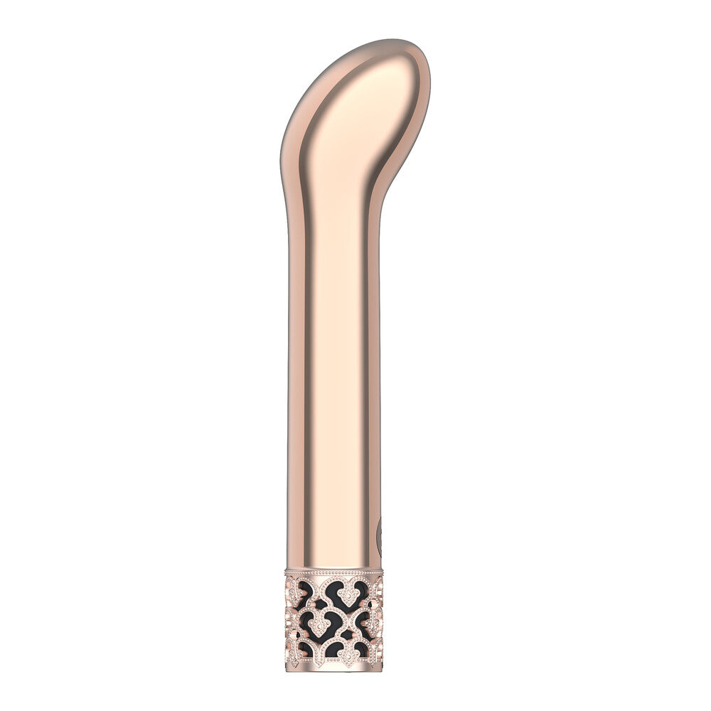 A rose gold rechargeable G-spot bullet vibrator with a sleek metal finish and a curved tip. The base is adorned with a small, decorative jewel design.