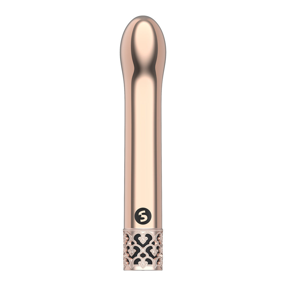 A rose gold rechargeable G-spot bullet vibrator with a sleek metal finish and a curved tip. The base is adorned with a small, decorative jewel design.