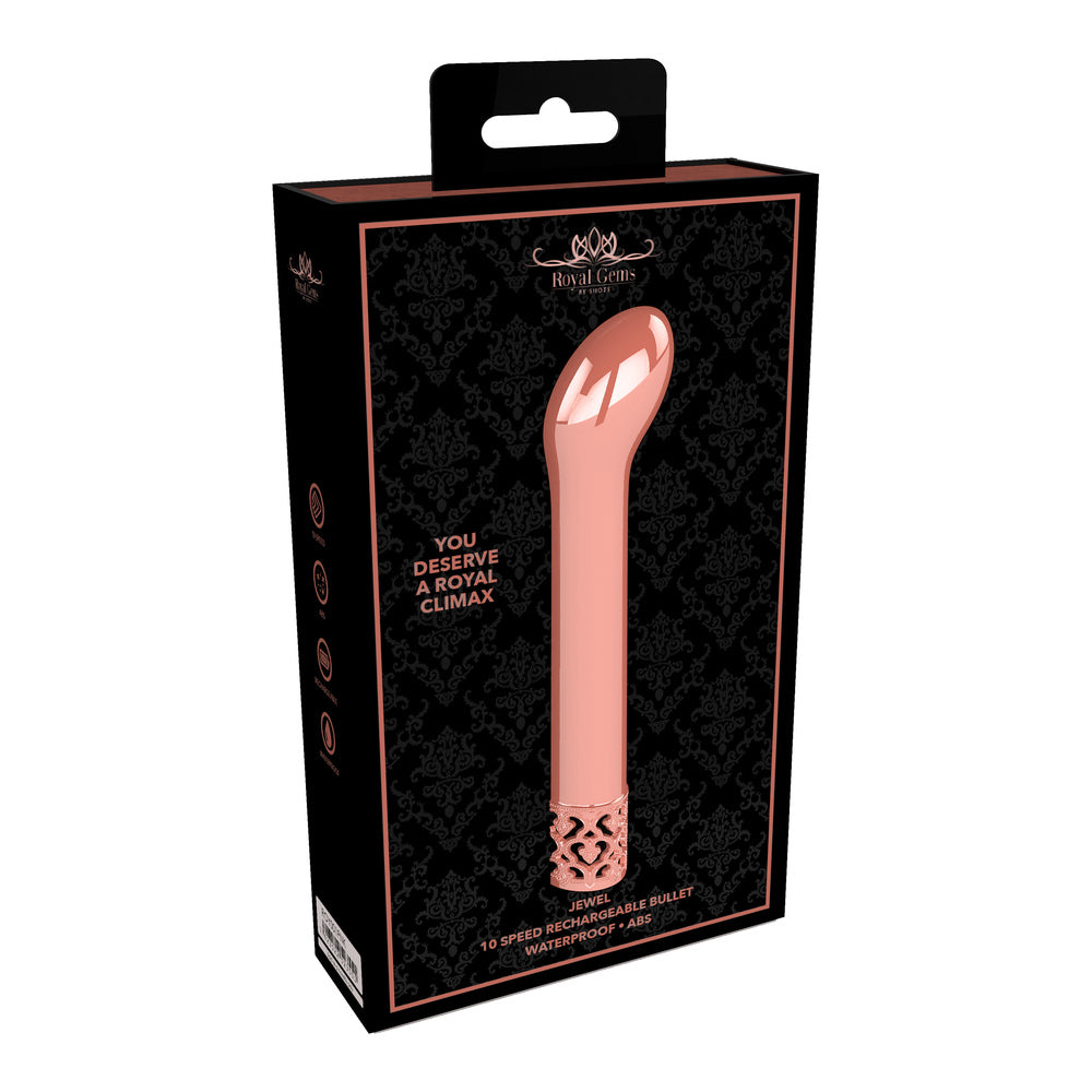A rose gold rechargeable G-spot bullet vibrator with a sleek metal finish and a curved tip. The base is adorned with a small, decorative jewel design.