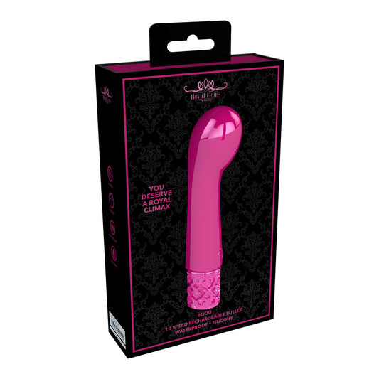 A pink rechargeable silicone bullet vibrator in its black and pink packaging, highlighting its curved design and 10-speed vibration feature.