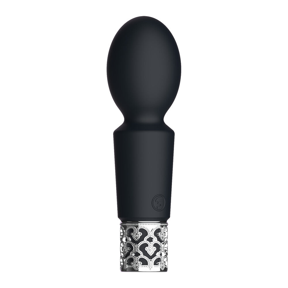 A sleek, black rechargeable bullet vibrator with a rounded top and a decorative patterned base. The controller is built into the handle.