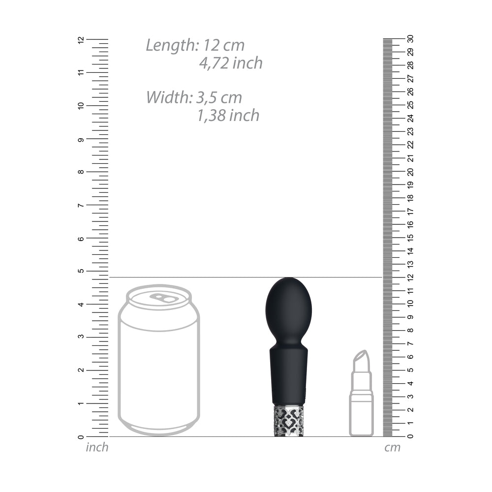 A sleek, black rechargeable bullet vibrator with a rounded top and a decorative patterned base. The controller is built into the handle.