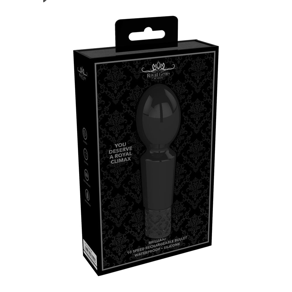 A sleek, black rechargeable bullet vibrator with a rounded top and a decorative patterned base. The controller is built into the handle.