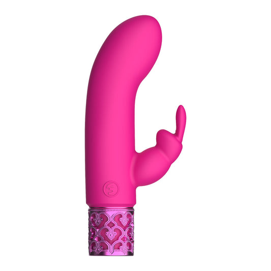 A pink, rechargeable rabbit-style vibrator packaged in a black box with ornate designs. The packaging highlights its main features, including 10 speeds and USB rechargeability.
