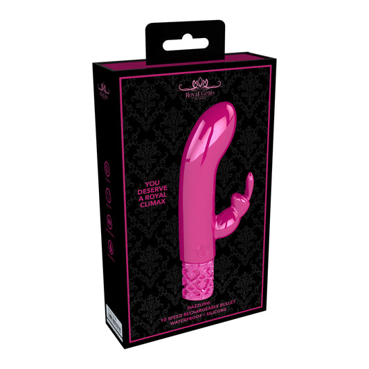 A pink, rechargeable rabbit-style vibrator packaged in a black box with ornate designs. The packaging highlights its main features, including 10 speeds and USB rechargeability.