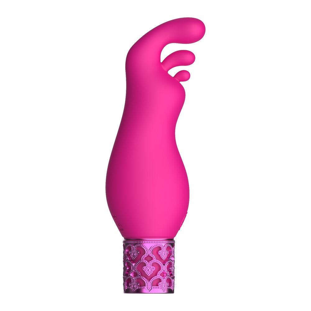 A pink, bullet-shaped silicone vibrator with a textured base, shown in its black and pink box with elegant packaging.