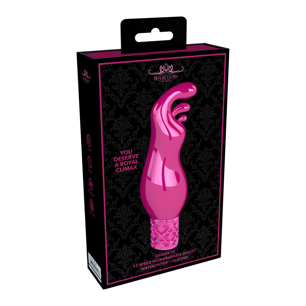 A pink, bullet-shaped silicone vibrator with a textured base, shown in its black and pink box with elegant packaging.