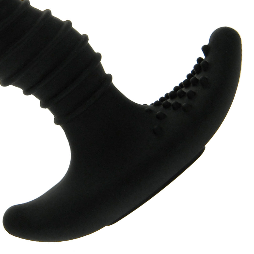 Black rubber dog toy with textured surface on a white background