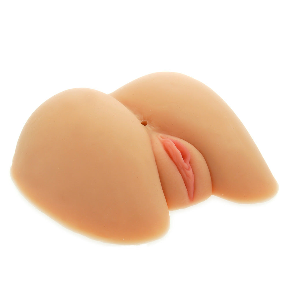 A flesh-pink masturbator designed to resemble both a vagina and anus, featuring a tight S-shaped tunnel design.