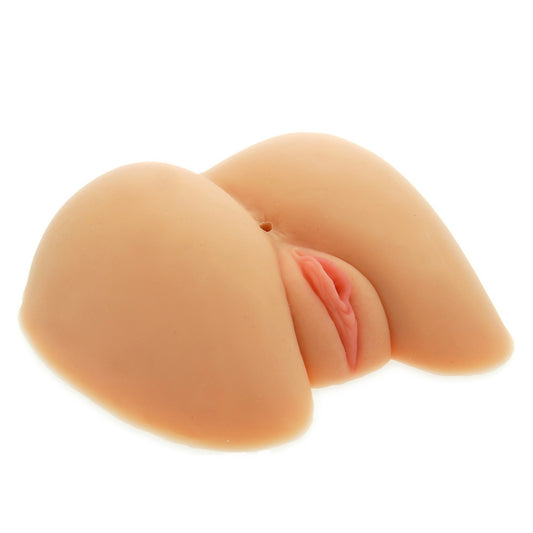 A flesh-pink masturbator designed to resemble both a vagina and anus, featuring a tight S-shaped tunnel design.