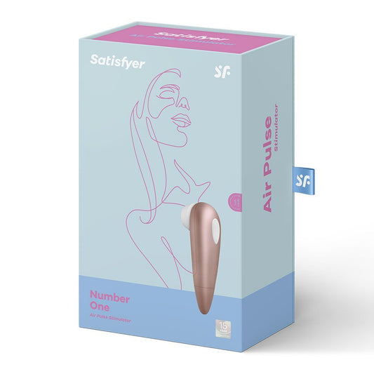 Satisfyer Air Pulse packaging with a stylized woman's face on a light blue background