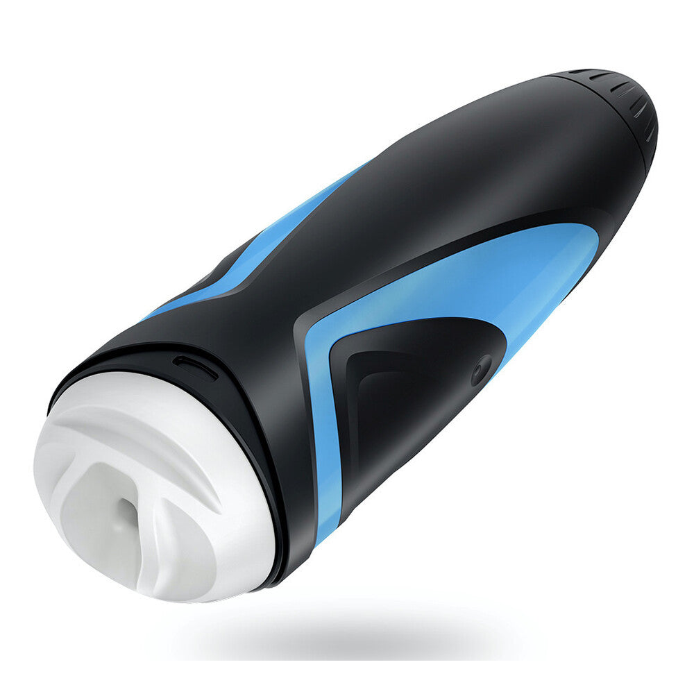 A black and blue handheld masturbator with a sleek, sporty design. The white soft sleeve is visible at one end, designed for intense stimulation.