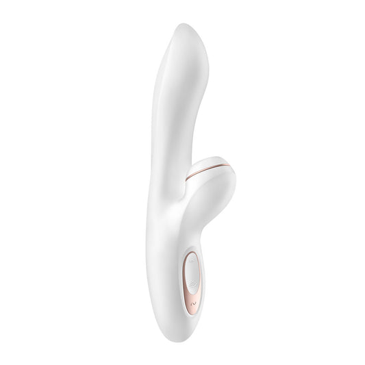 A white and rose gold Satisfyer Pro G-Spot Rabbit vibrator with a curved silicone shaft and a clitoral stimulator.