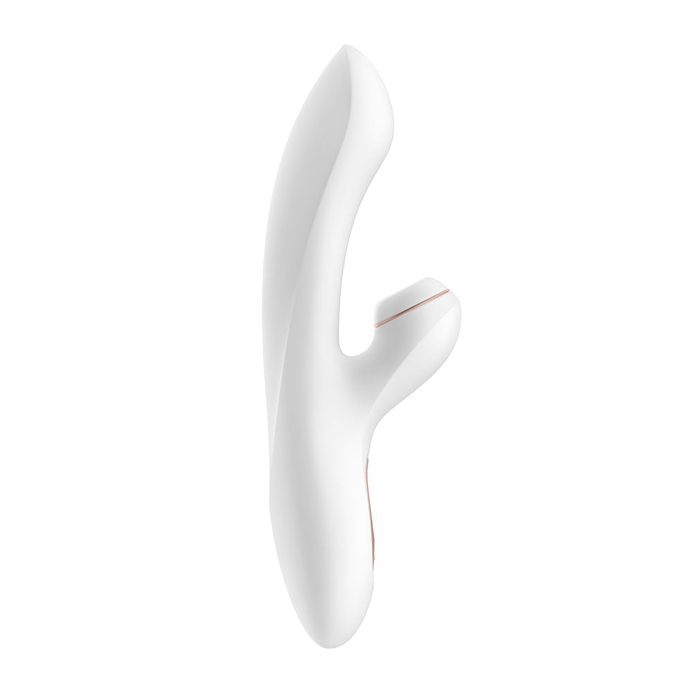 A white and rose gold Satisfyer Pro G-Spot Rabbit vibrator with a curved silicone shaft and a clitoral stimulator.