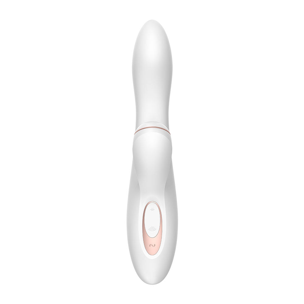 A white and rose gold Satisfyer Pro G-Spot Rabbit vibrator with a curved silicone shaft and a clitoral stimulator.