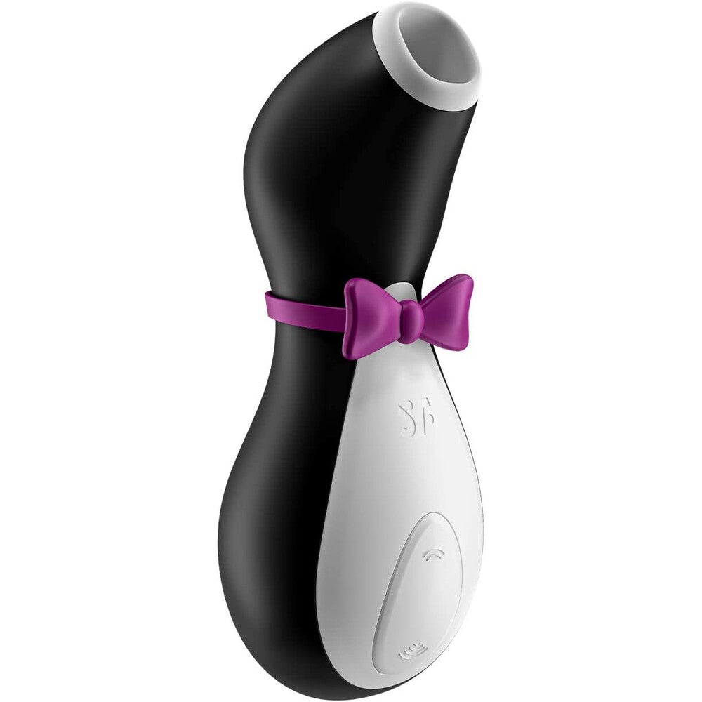 Black and white device with a purple bow on a white background
