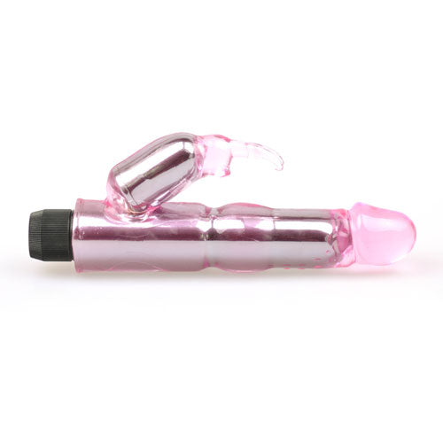 A pink, translucent rabbit vibrator being held in a hand. The device has a sleek, curved design with two motor sections.